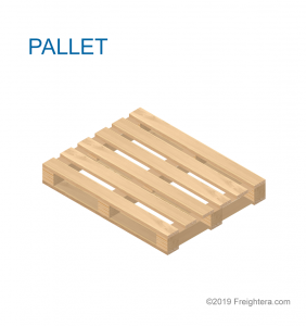 A pallet: flat structure made of wood, plastic, composite, or metal, on which freight is secured for shipping