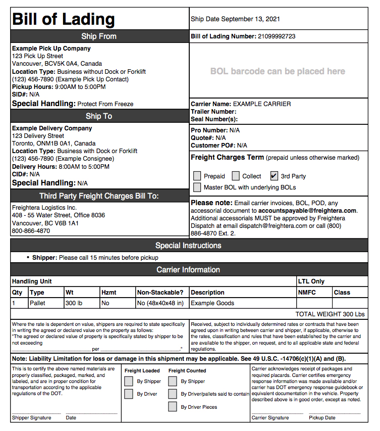 An example of Bill of Lading in freight shipping