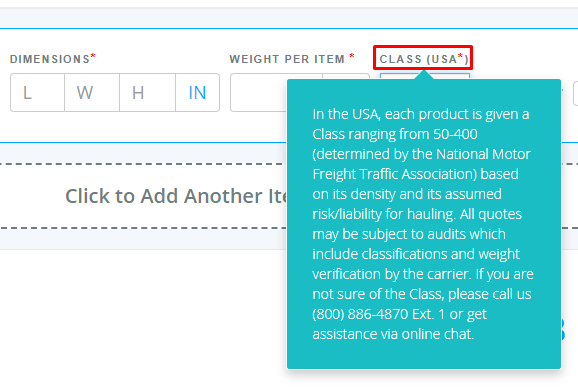 Freight class on the quoting page