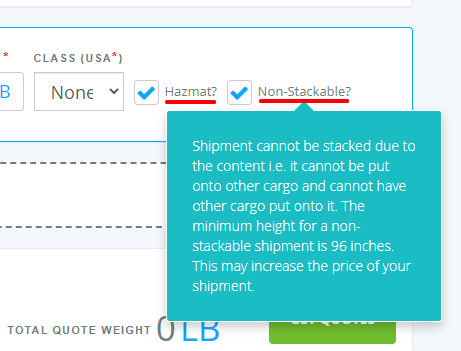 Hazmat and non-stackable options on the quoting page